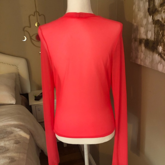 NWOT Mock Neck Silky Sheer Neon Coral LS Top size Lg - Picture 3 of 6